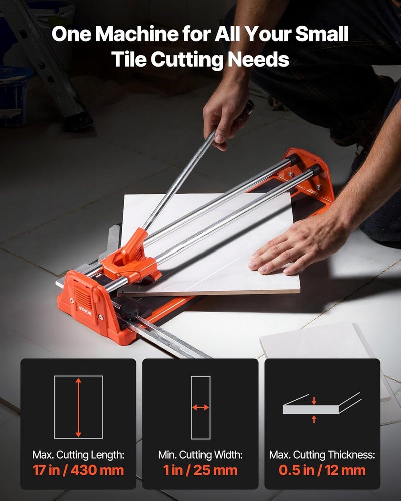 VEVOR 17-Inch Manual Tile Cutter for Wall & Polished Tiles,Double Rails for Precise Cutting, Tungsten Carbide Wheel,Non-Slip Handle,Anti-Displacement Pressure Rod,Precise Cuts for Pros & Beginners - Image 2